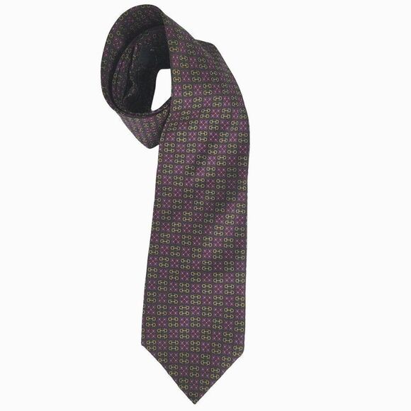 Brass and Leather by Bloomingdales 100% Silk Necktie Red Gold Geometric Shapes - Picture 2 of 5